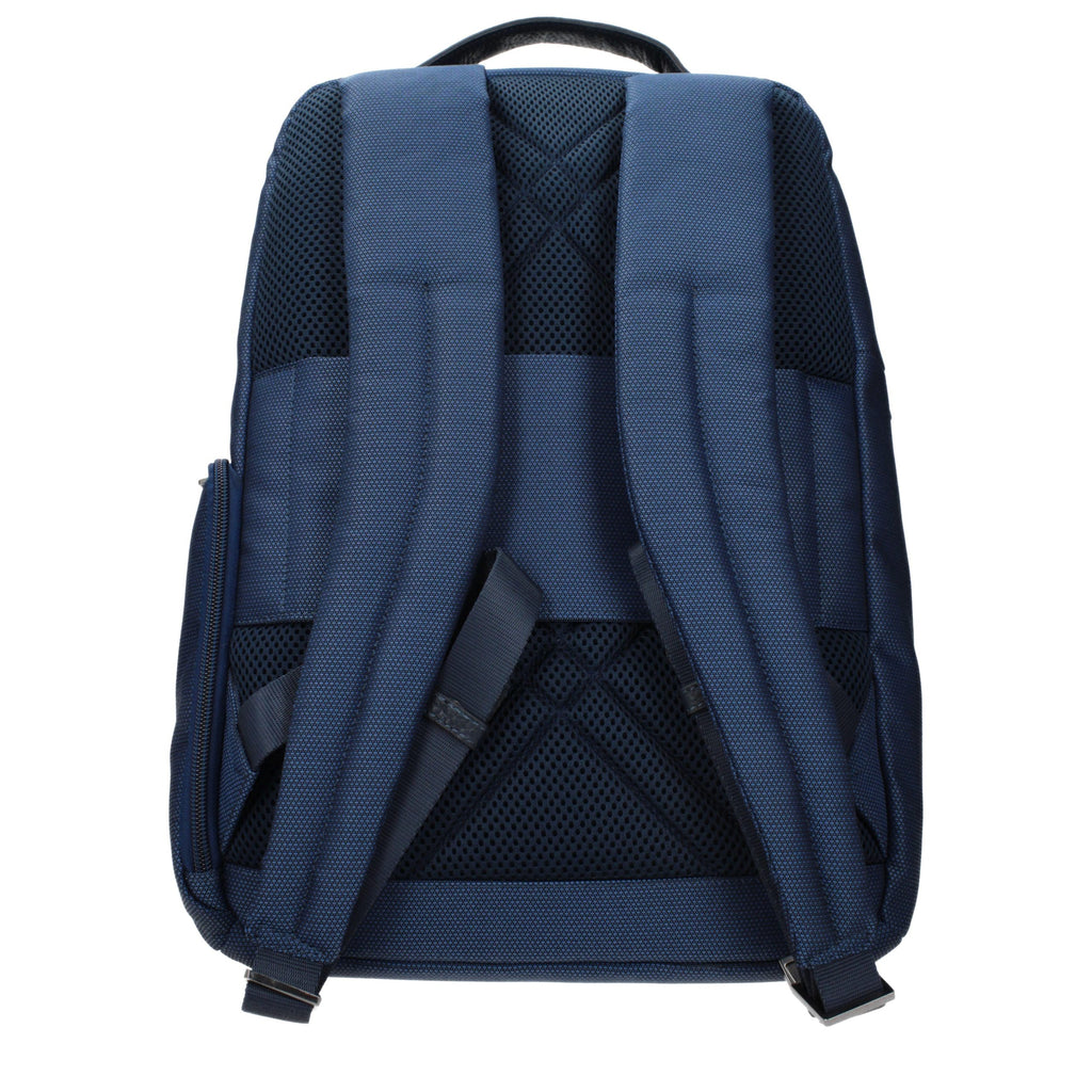 Piquadro blue fabric backpack with multiple compartments and adjustable straps, suitable for travel or daily use.