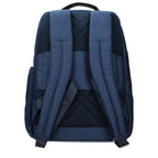 Piquadro blue fabric backpack with multiple compartments and adjustable straps, suitable for travel or daily use.