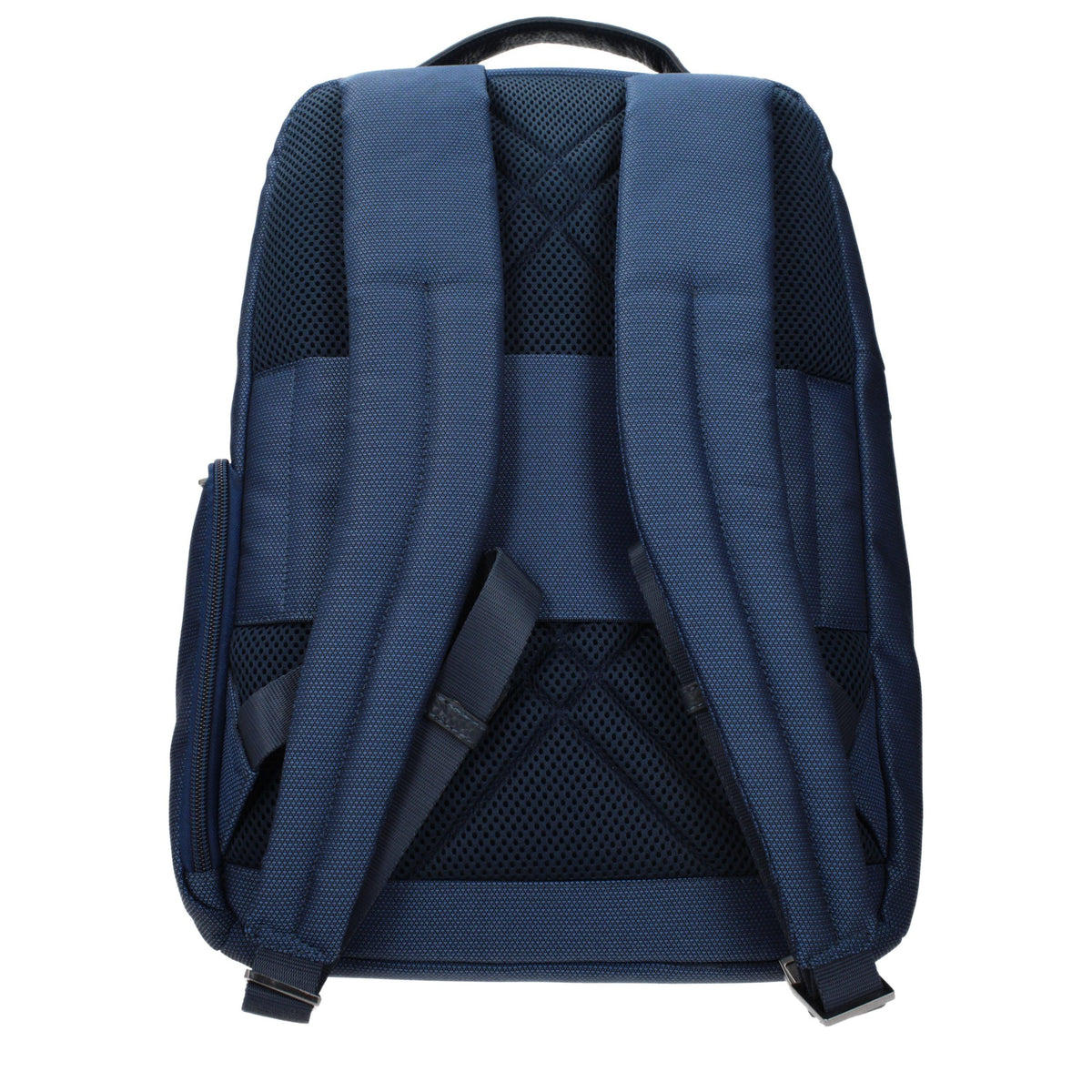 Piquadro blue fabric backpack with multiple compartments and adjustable straps, suitable for travel or daily use.