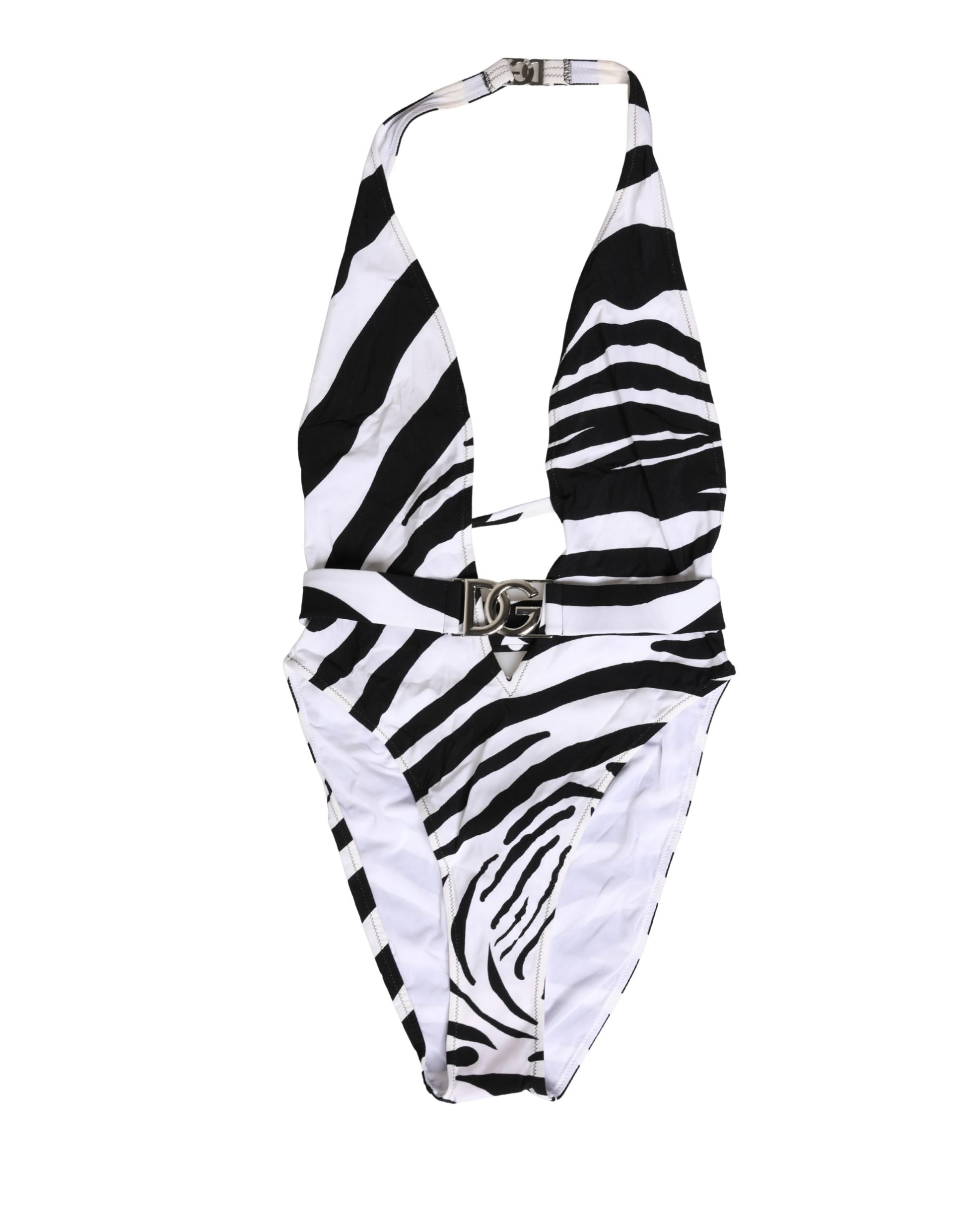 Dolce & Gabbana Black White Zebra Deep V-Neck One Piece Swimwear Dolce & Gabbana