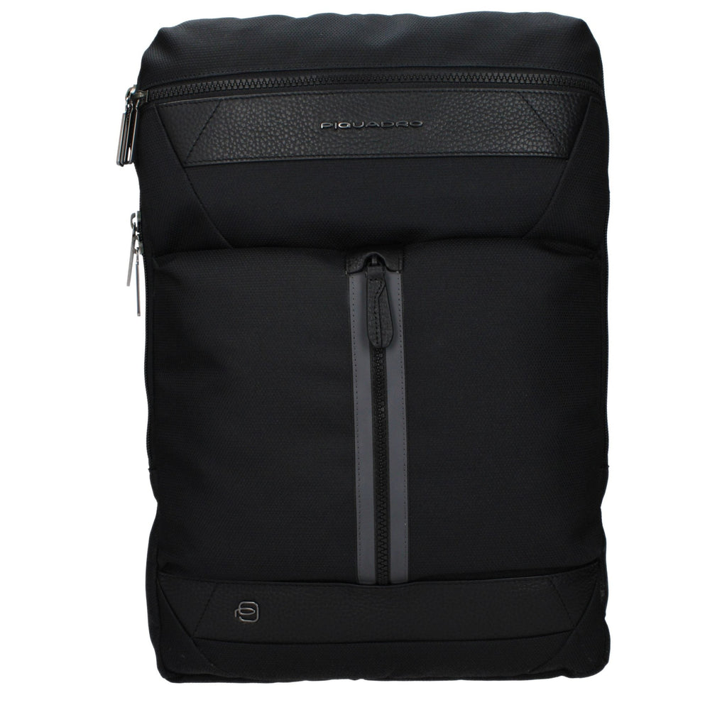 Piquadro black fabric backpack with multiple compartments and adjustable straps, designed for stylish everyday use.