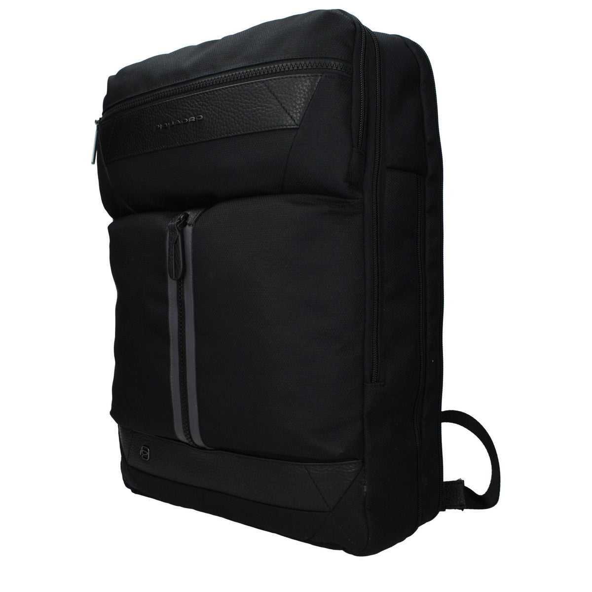 Piquadro black fabric backpack with multiple compartments and adjustable straps, designed for everyday use and travel.