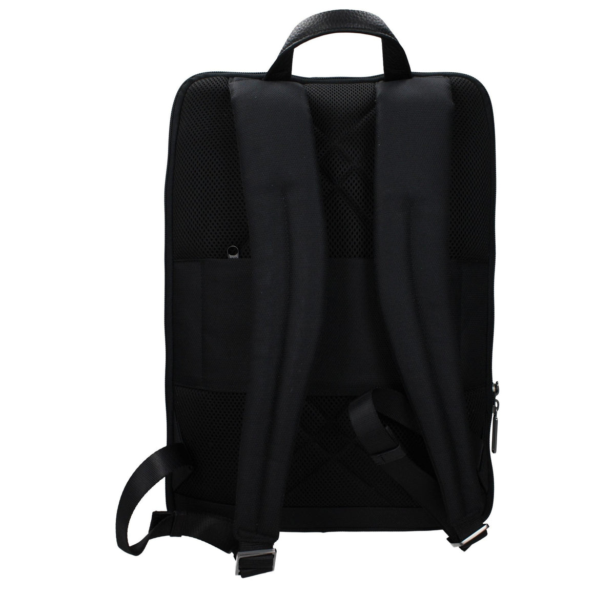 Piquadro black fabric backpack with adjustable straps and multiple compartments, designed for stylish everyday use.