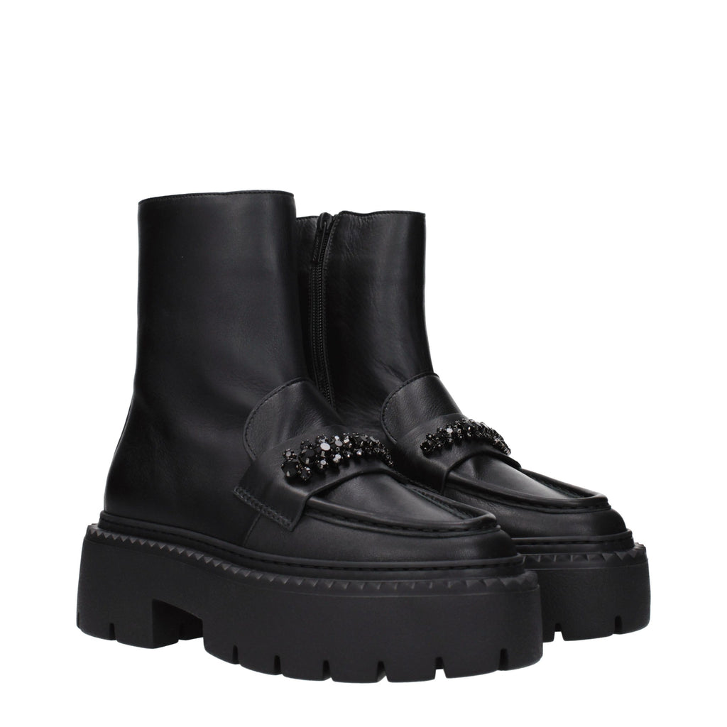 Black leather ankle boots by Jimmy Choo featuring sleek design and pointed toes, perfect for stylish everyday wear.