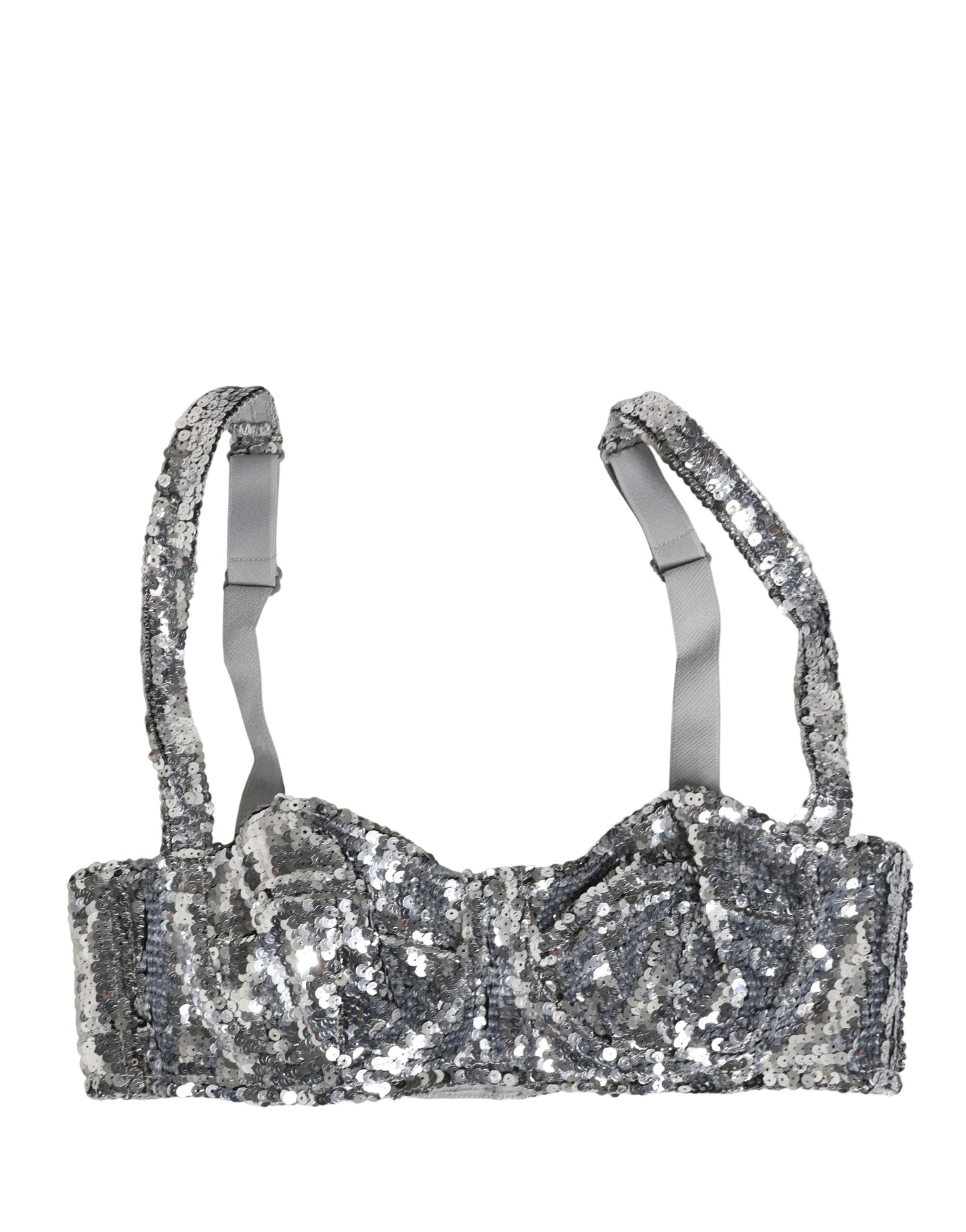 Dolce & Gabbana Silver Sequined Nyon Balconnet Bra Underwear Dolce & Gabbana