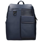 Piquadro blue leather backpack with adjustable straps and multiple compartments, featuring the brand logo on the front.