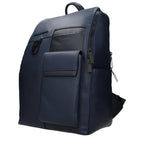 Blue leather backpack by Piquadro with multiple compartments and adjustable shoulder straps.