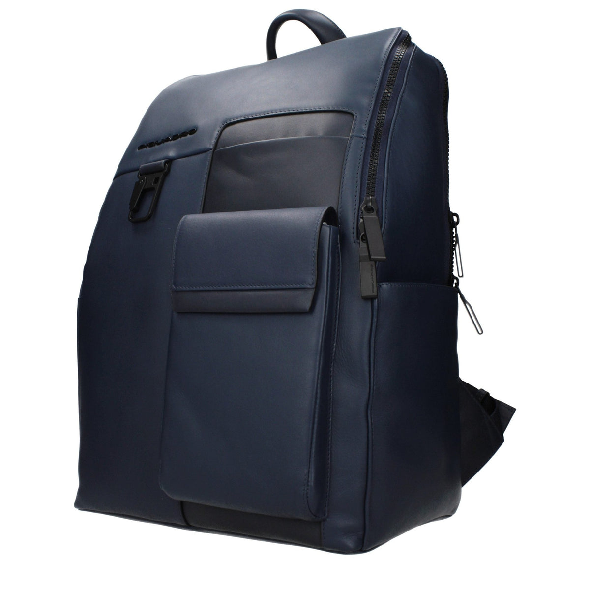 Blue leather backpack by Piquadro with multiple compartments and adjustable shoulder straps.