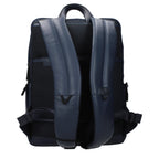 Piquadro blue leather backpack with adjustable straps and multiple compartments, showcasing sleek, durable design.