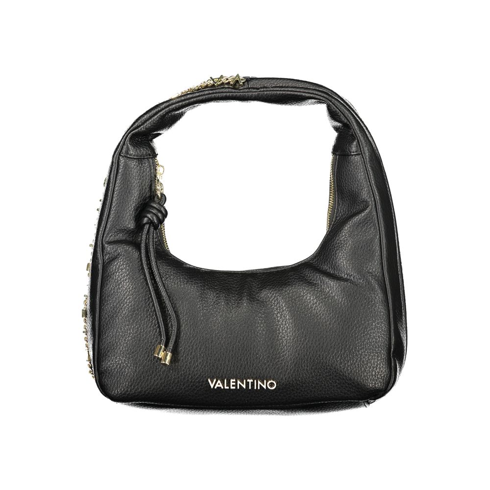 Mario Valentino black polyurethane women's bag with sleek design and gold-tone hardware, featuring a top handle and spacious interior.