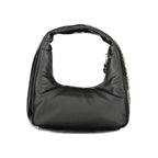 Mario Valentino black polyurethane women's bag with sleek design and silver-tone hardware, featuring a top handle and adjustable strap.