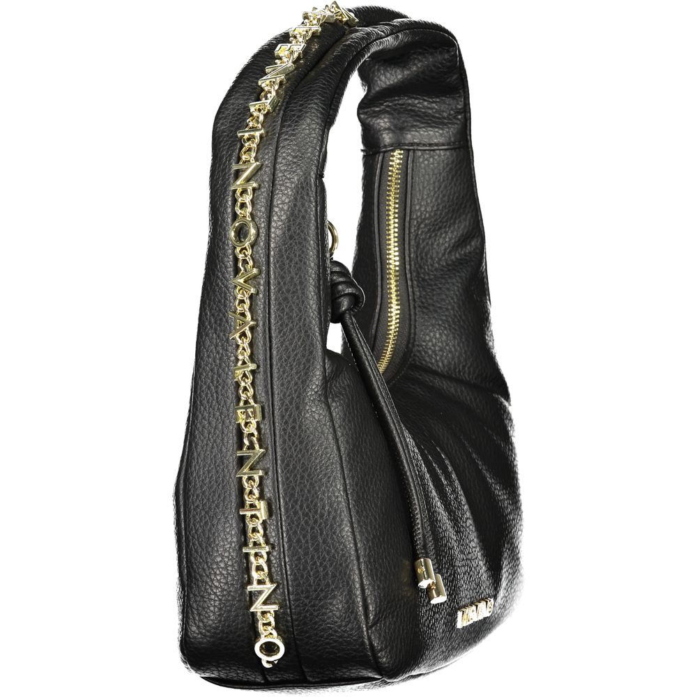 Mario Valentino black polyurethane women's bag with sleek design and silver hardware, featuring a top handle and zip closure.