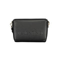 Mario Valentino black polyurethane women's bag with sleek design and top handle, featuring gold-tone hardware and spacious interior.