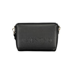 Mario Valentino black polyurethane women's bag with sleek design and top handle, featuring gold-tone hardware and spacious interior.