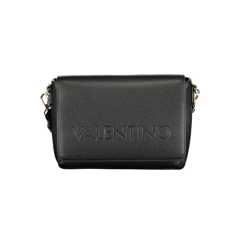 Mario Valentino black polyurethane women's bag with sleek design and top handle, featuring gold-tone hardware and spacious interior.