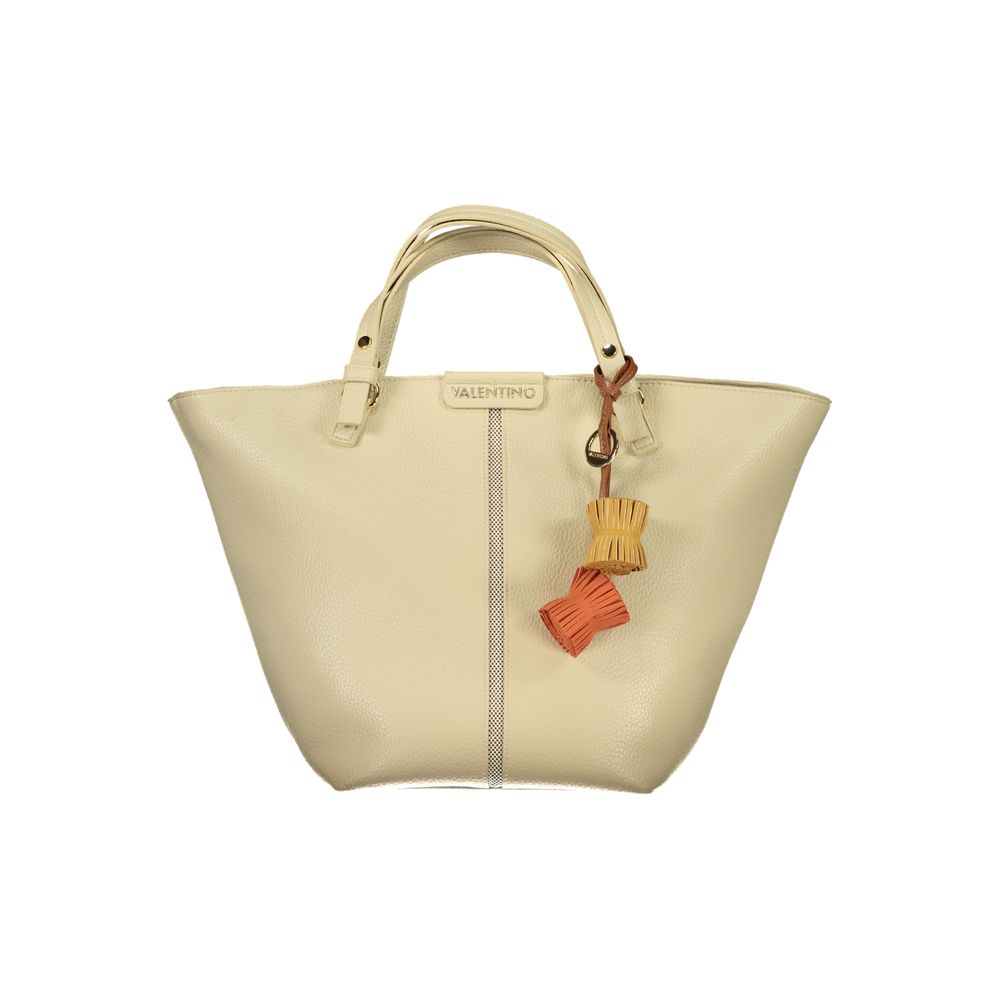Mario Valentino beige polyurethane women's bag with sleek design and gold-tone hardware, featuring top handles and a spacious interior.