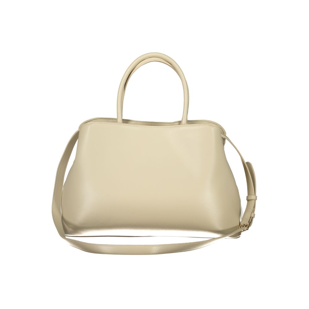 Mario Valentino beige polyurethane women's bag with top handles and gold-tone hardware, stylish and versatile accessory.