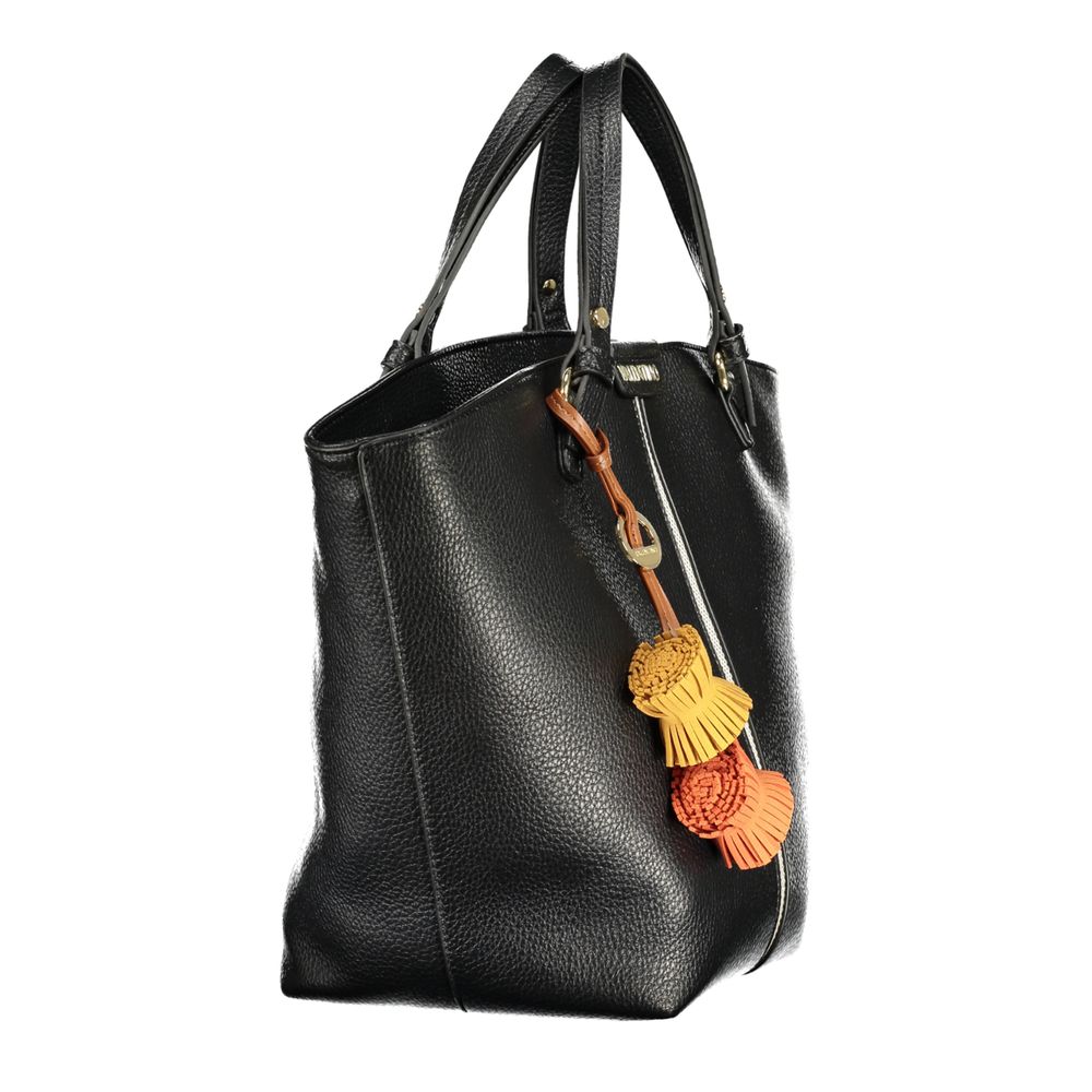 Mario Valentino Nero polyurethane women's bag with sleek design and top handle, featuring silver hardware and modern style.
