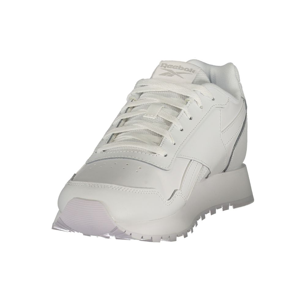 Reebok Bianco men's polyurethane sneaker showing white athletic shoe with textured sole and sleek design.