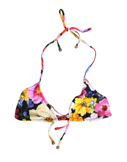 Dolce & Gabbana Black Floral Print Nylon Halter Bikini Top Swimwear Dolce & Gabbana