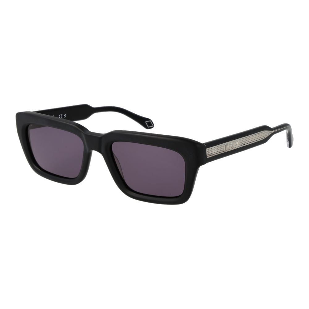 Black plastic sunglasses by Replay with a sleek, modern frame and dark lenses, stylish accessories for sun protection.