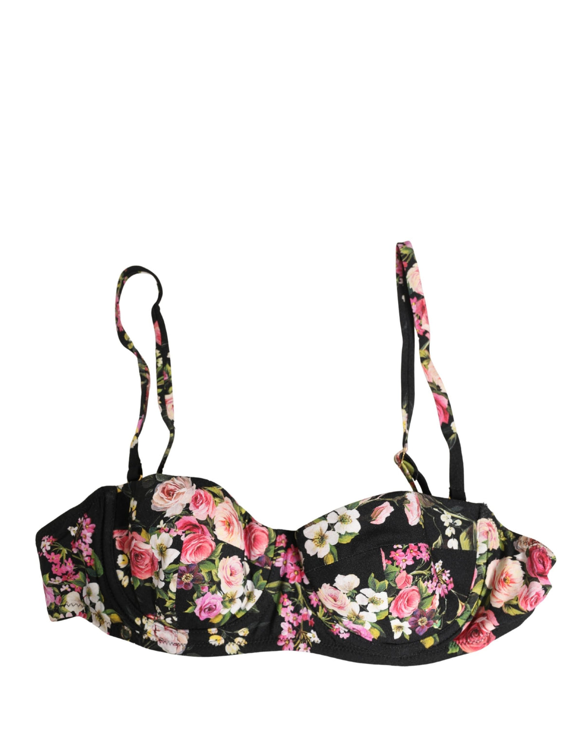 Dolce & Gabbana black floral padded balconnet bra with underwire and delicate lace detailing.