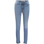 Light blue Guess Jeans men's lyocell jeans displayed on a hanger, showcasing a slim fit and classic five-pocket design.