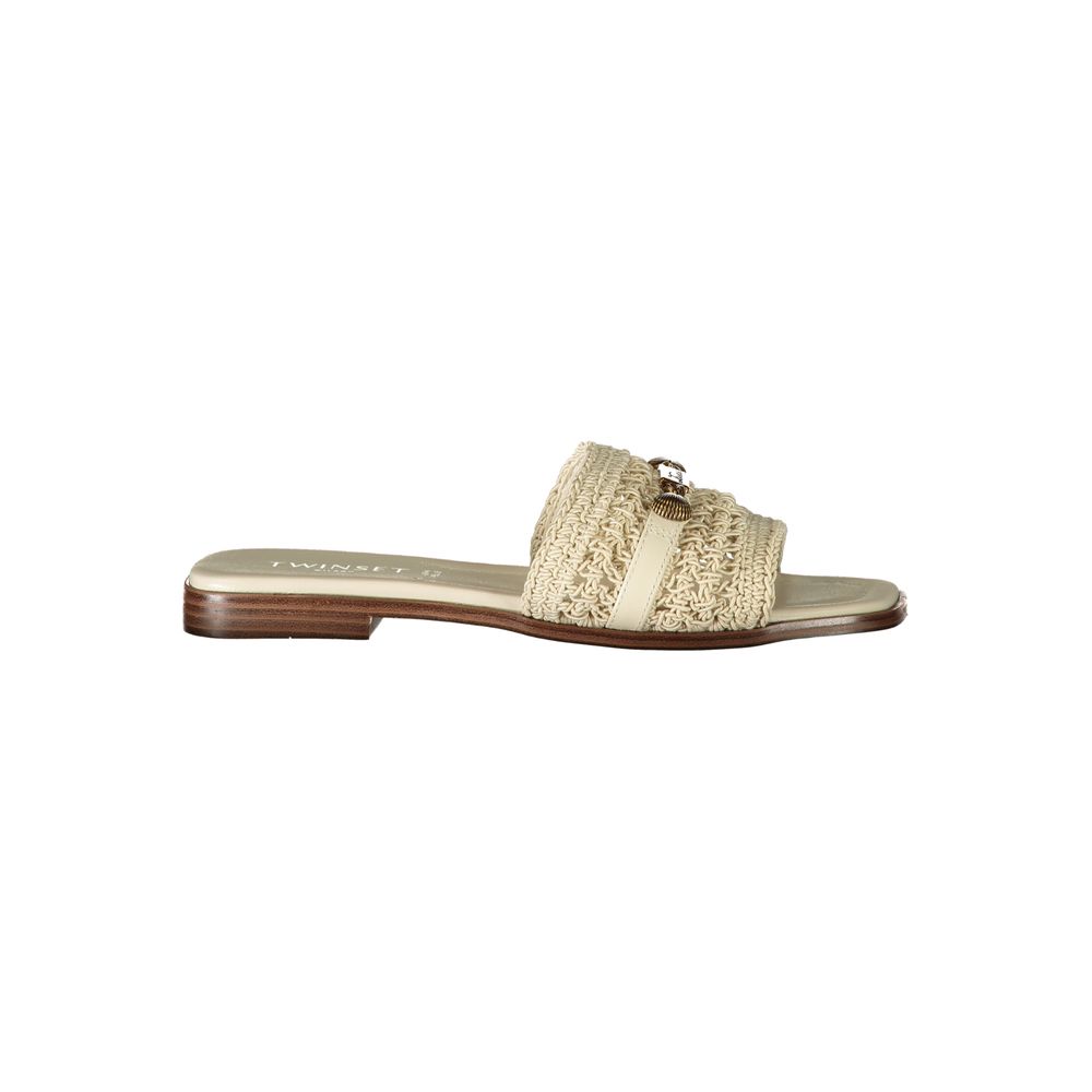 Twinset beige leather women's sandal with open toe and ankle strap, stylish and comfortable for summer wear.