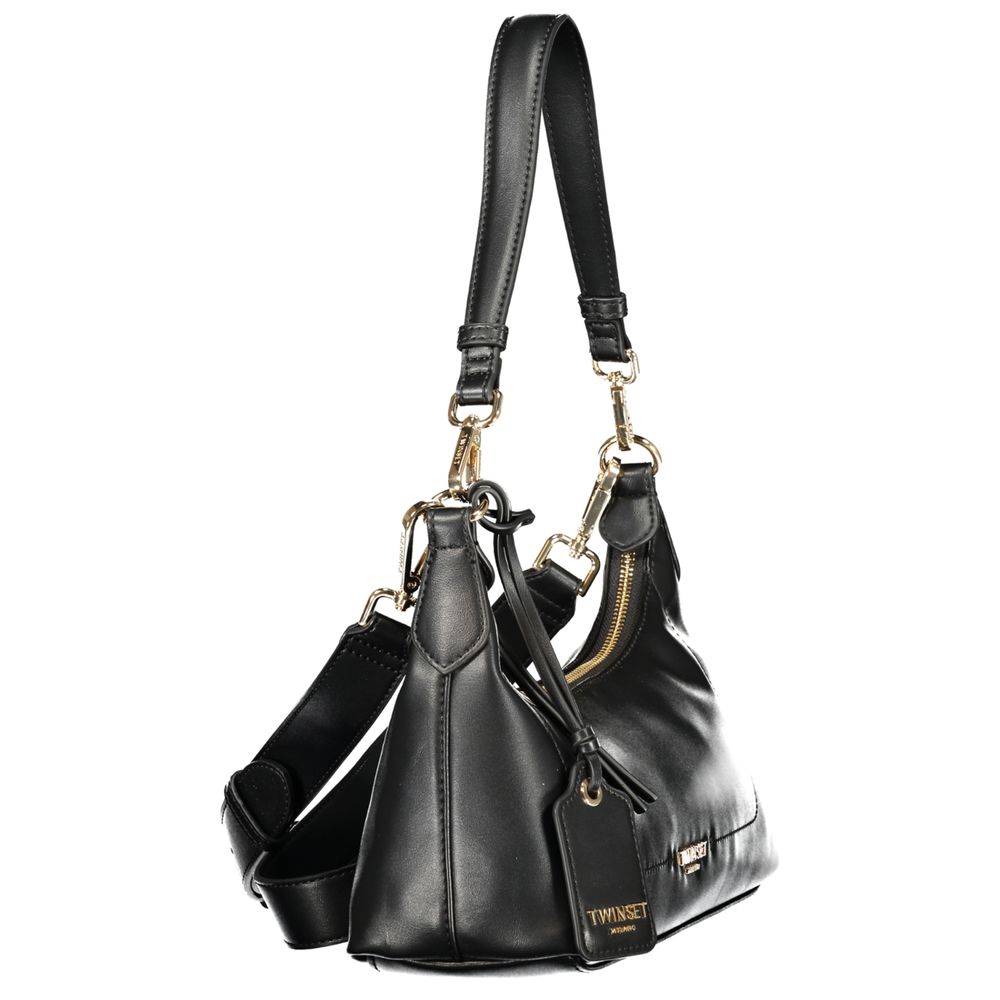 Twinset black polyurethane women's bag with sleek design and silver hardware, featuring a top handle and adjustable shoulder strap.
