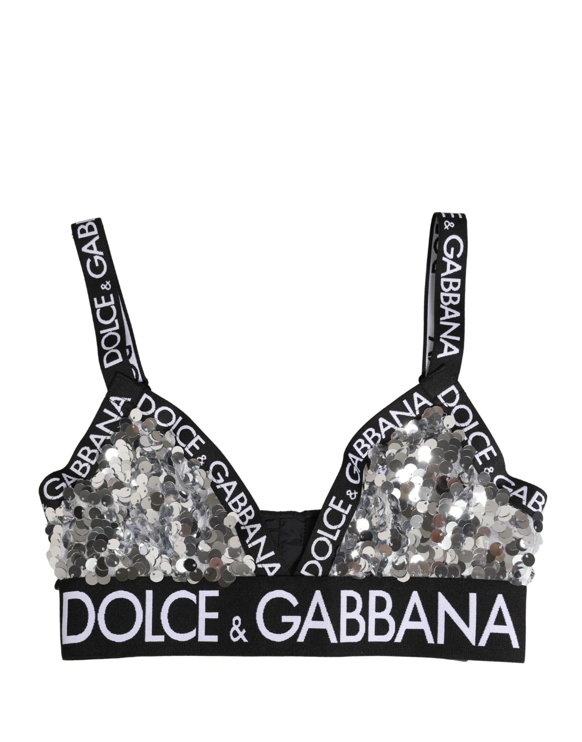 Dolce & Gabbana Silver Sequined Triangle Soft Cup Bra Underwear
