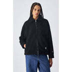 Champion black polyester full-length jacket with a front zipper and ribbed cuffs, ideal for casual wear.