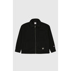 Champion black polyester full-length jacket displayed on a hanger with a front view showing the zipper and collar.
