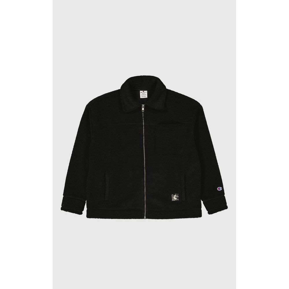 Champion black polyester full-length jacket displayed on a hanger with a front view showing the zipper and collar.