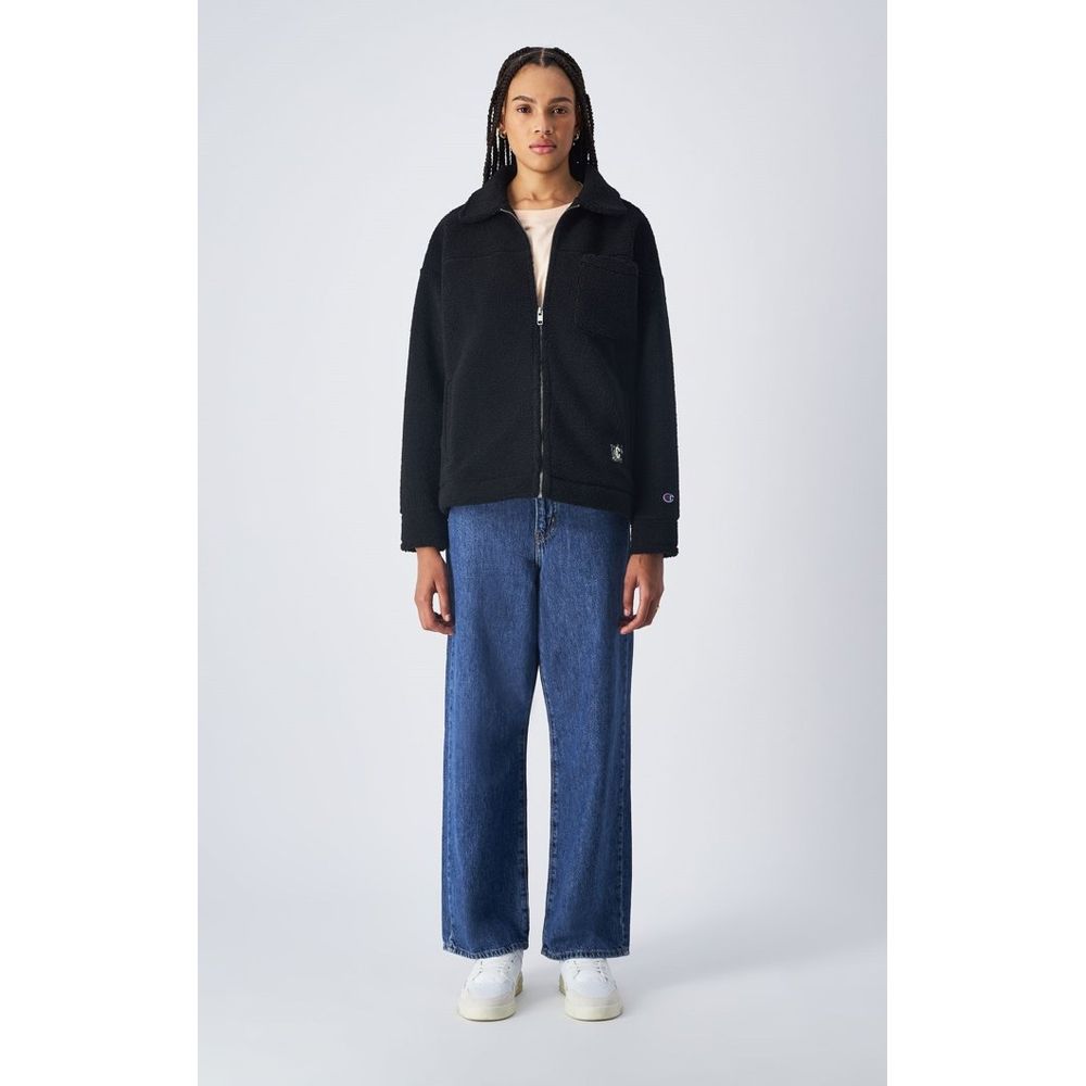 Champion black polyester full-length jacket with front zipper and side pockets, designed for casual and athletic wear.