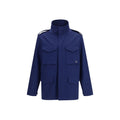 Blue cotton coat by Valentino Garavani featuring a tailored fit and classic design, displayed on a hanger against a neutral background.