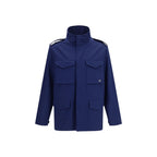 Blue cotton coat by Valentino Garavani featuring a tailored fit and classic design, displayed on a hanger against a neutral background.