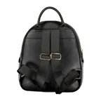 Black polyurethane women's backpack by Mario Valentino, featuring sleek design and adjustable straps.