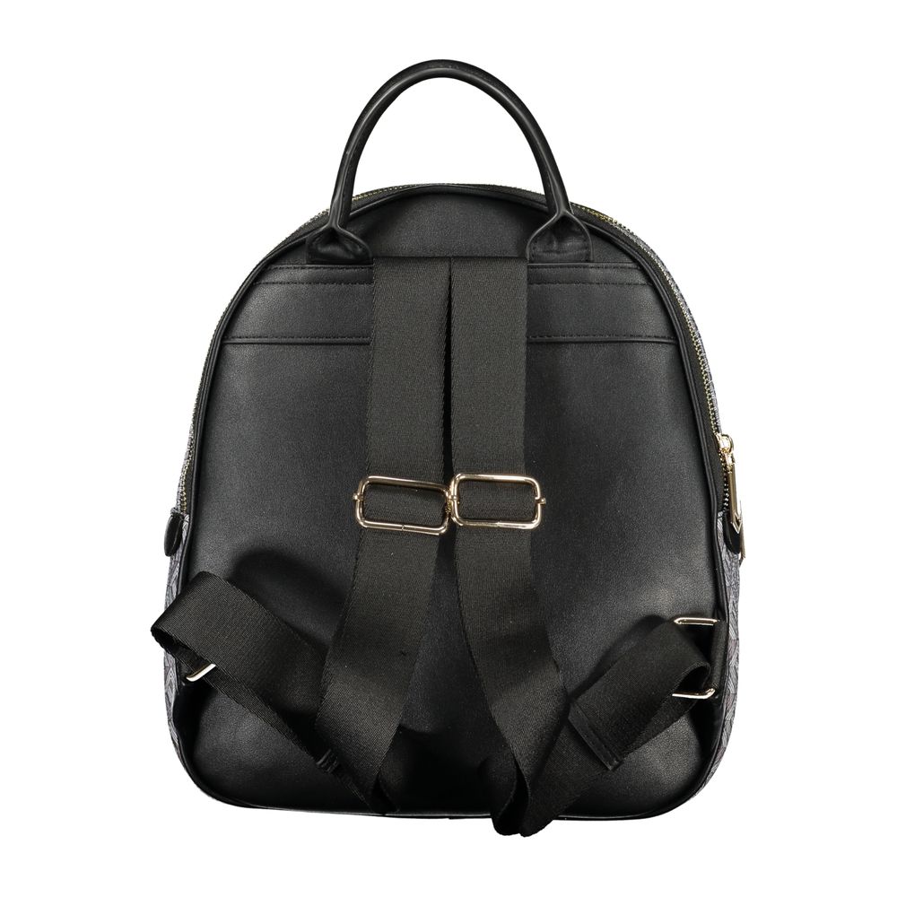 Black polyurethane women's backpack by Mario Valentino, featuring sleek design and adjustable straps.