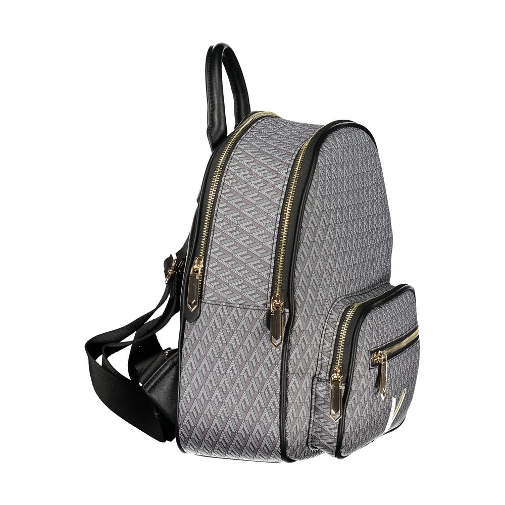 Black polyurethane women's backpack by Mario Valentino with sleek design and adjustable shoulder straps.