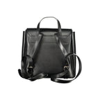 Mario Valentino black polyurethane women's backpack with adjustable shoulder straps and front zip pocket.