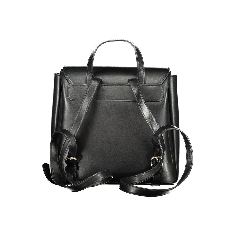 Mario Valentino black polyurethane women's backpack with adjustable shoulder straps and front zip pocket.