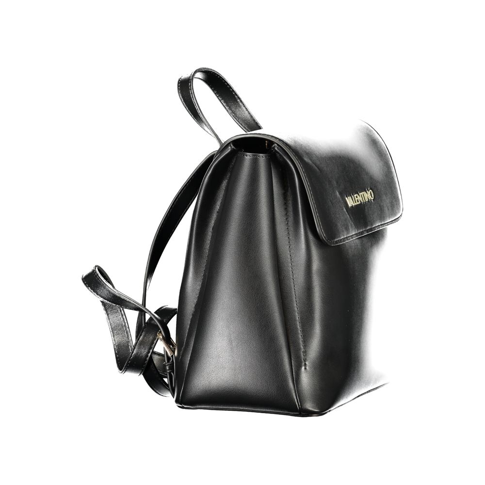 Mario Valentino black polyurethane women's backpack with adjustable straps and silver hardware, stylish and functional for everyday use.