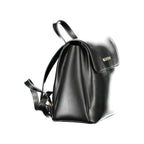 Mario Valentino black polyurethane women's backpack with adjustable straps and silver hardware, stylish and functional for everyday use.