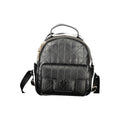 Mario Valentino black polyurethane women's backpack with adjustable straps and silver-tone hardware, stylish and functional.