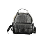 Mario Valentino black polyurethane women's backpack with adjustable straps and silver-tone hardware, stylish and functional.