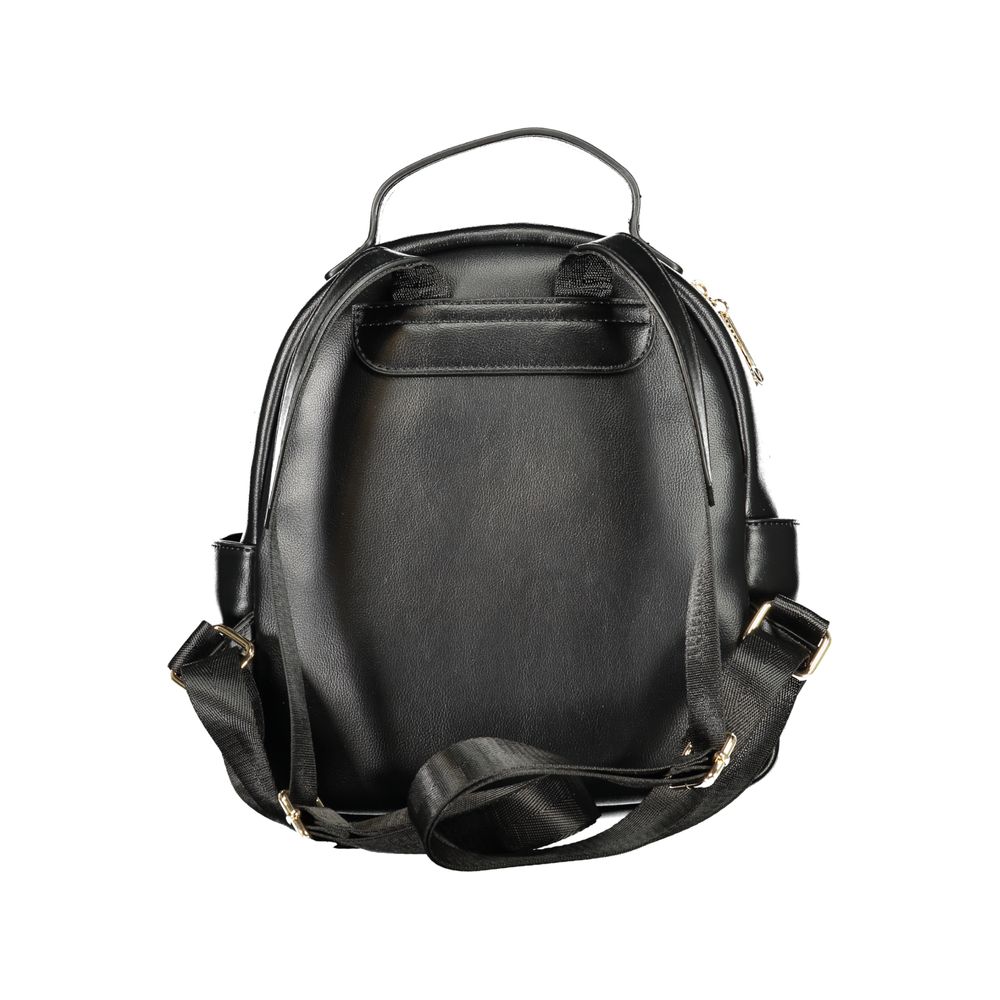 Mario Valentino black polyurethane women's backpack with adjustable straps and silver hardware, stylish and functional for daily use.