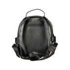 Mario Valentino black polyurethane women's backpack with adjustable straps and silver hardware, stylish and functional for daily use.