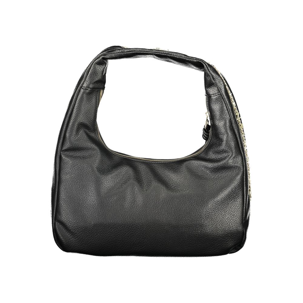 Mario Valentino black polyurethane women's bag with sleek design and silver-tone hardware, featuring top handles and a spacious interior.