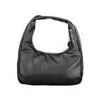 Mario Valentino black polyurethane women's bag with sleek design and silver-tone hardware, featuring top handles and a spacious interior.