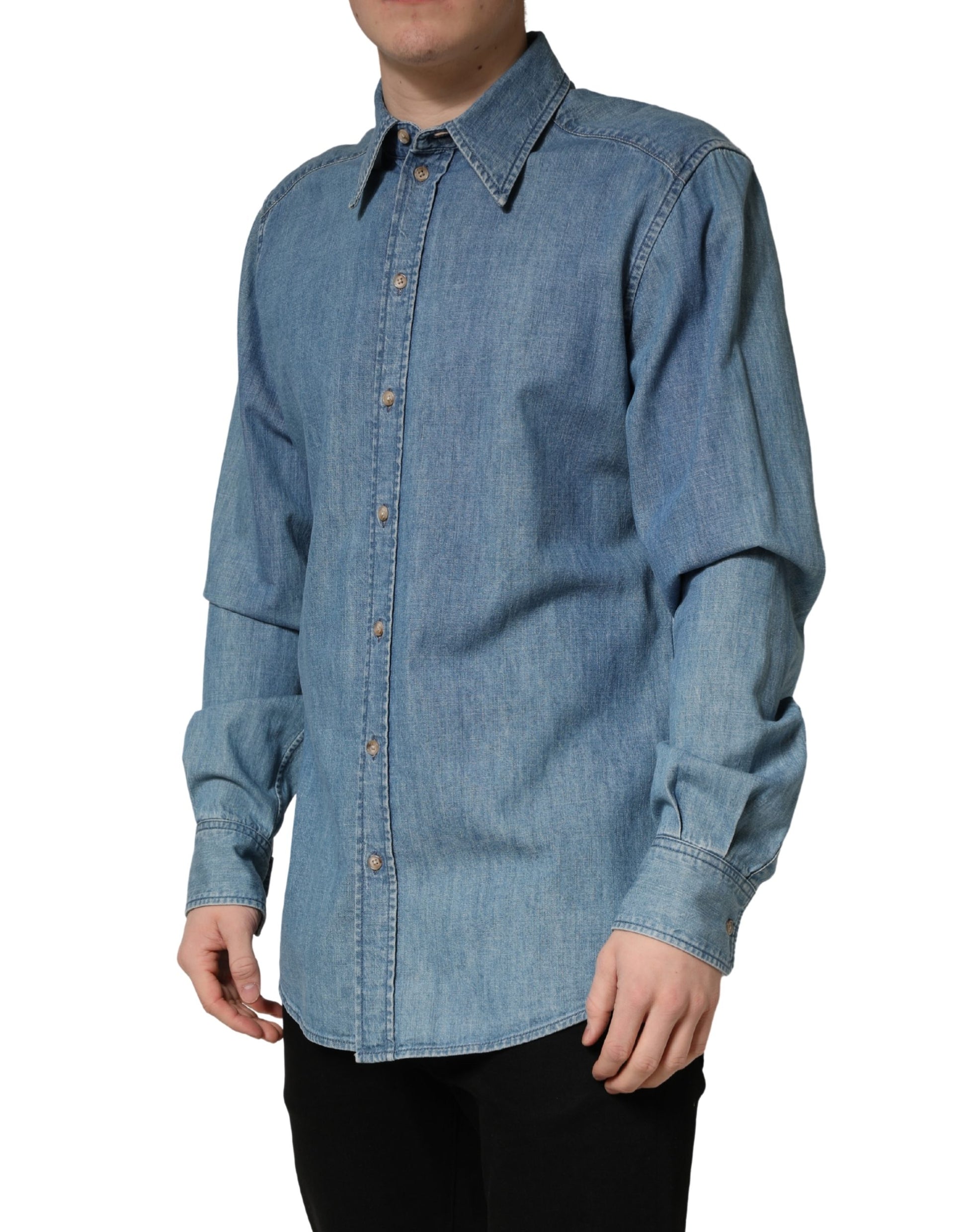 Dolce & Gabbana Blue Cotton Stretch Casual Denim Slim Shirt Dolce & Gabbana